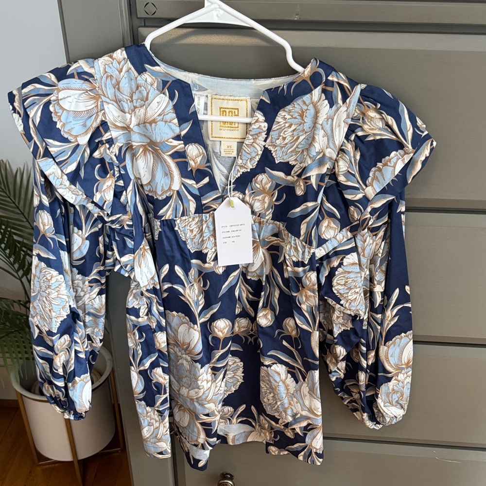 Navy Floral Blouse with Ruffle Sleeves